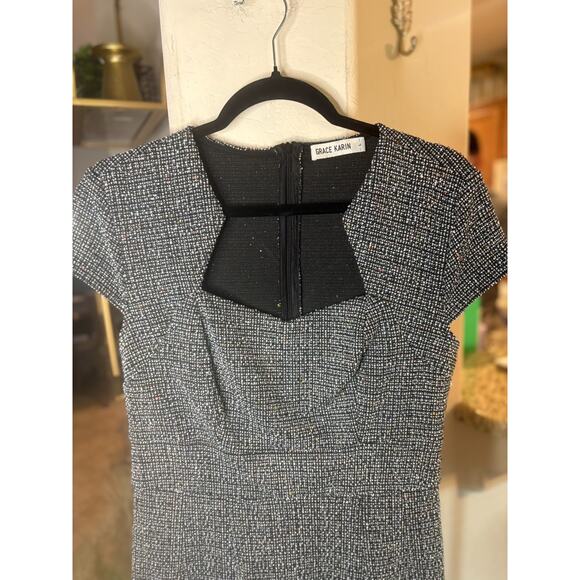 GRACE KARIN Vintage Tweed Defined Waist Hips-Wrapped Dress Gray Large - Picture 4 of 6